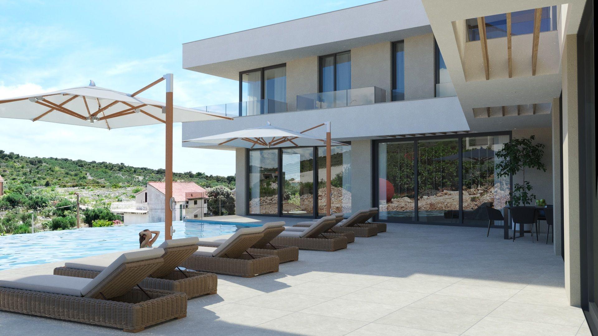 Moderní vila s bazénem, druhá řada od moře