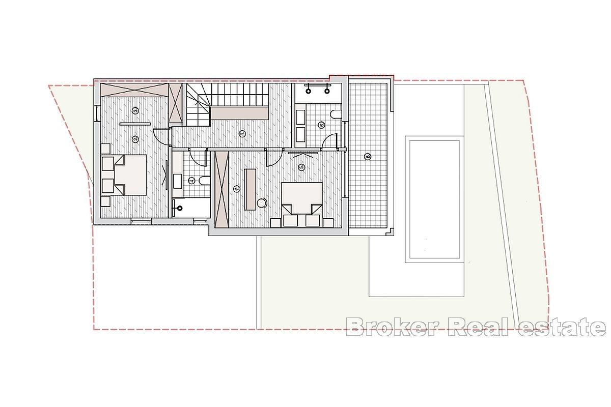 Nově postavený dům v řadě s otevřeným výhledem na moře