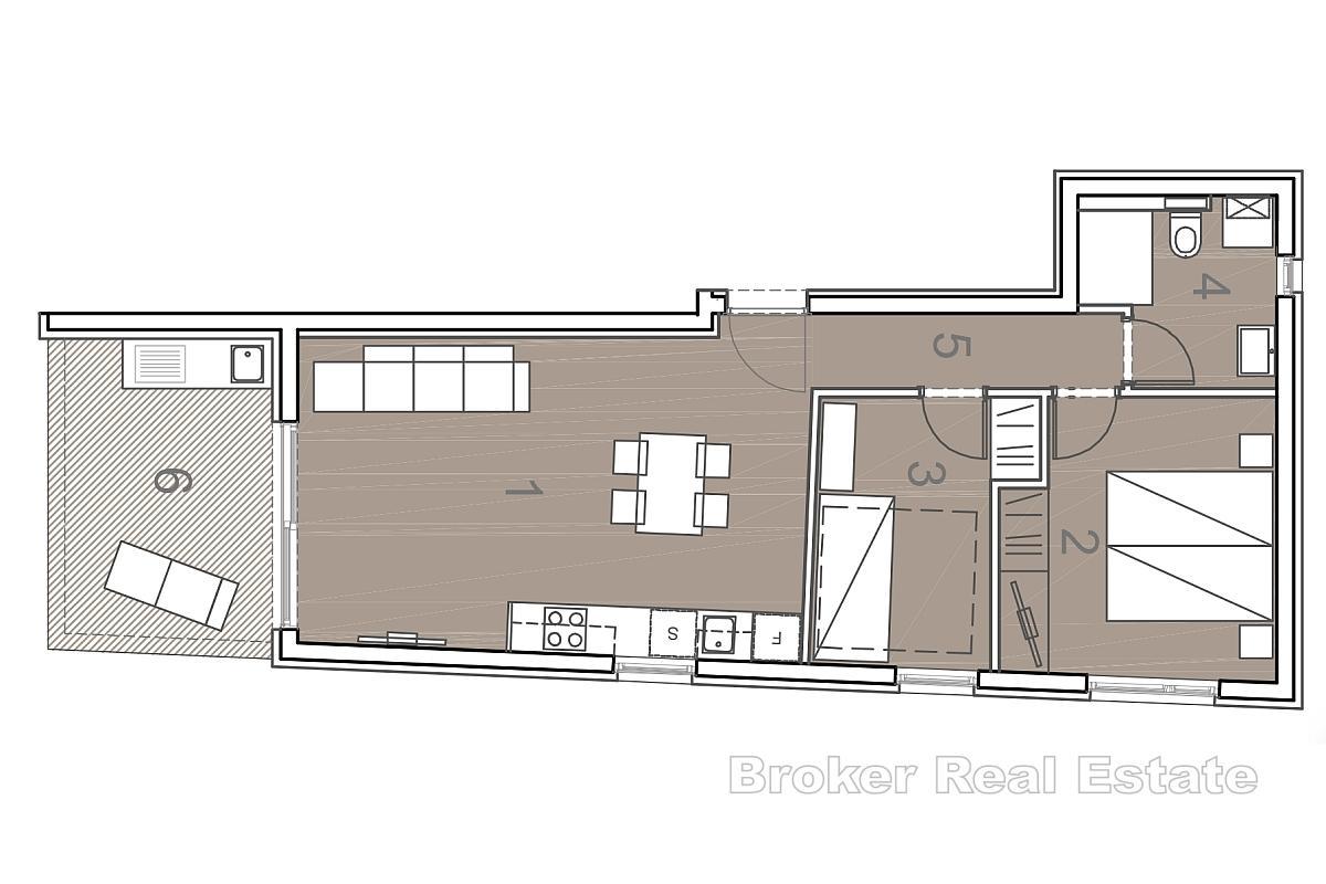 Moderno appartamento con due camere da letto in un edificio di nuova costruzione con vista mare