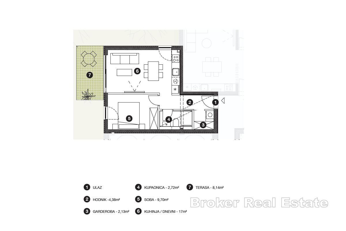 Novostavba - jednopokojový apartmán, přízemí se zahradní terasou
