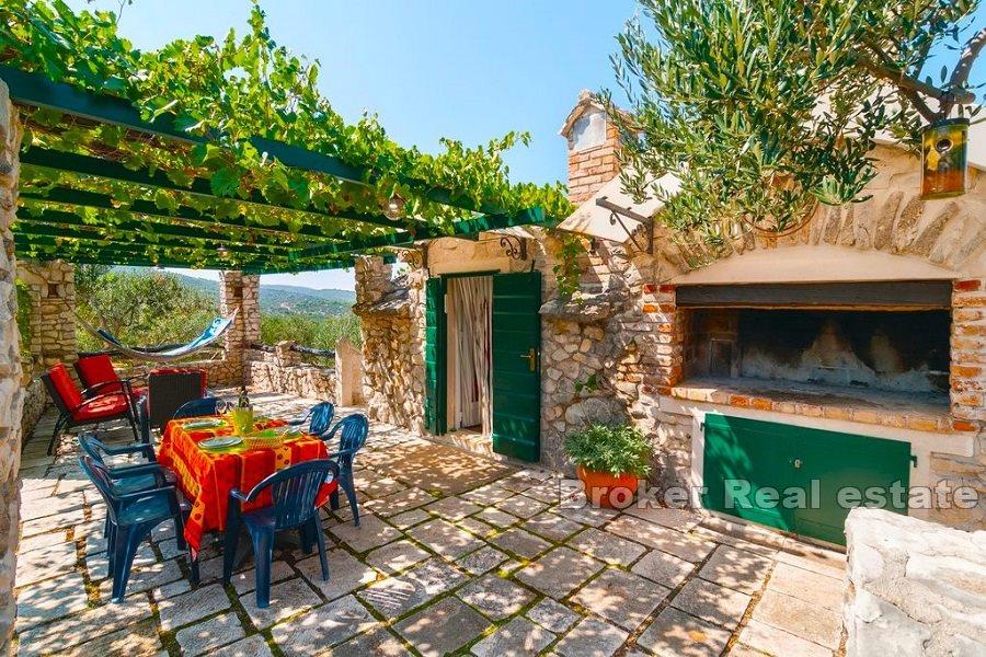 Steinhus med olivenlund og havutsikt