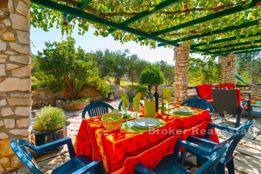 Steinhus med olivenlund og havutsikt