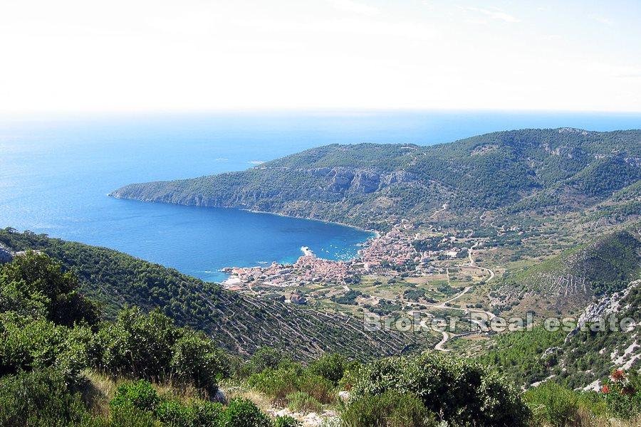 Agricultural land by the sea with ruin, seafront