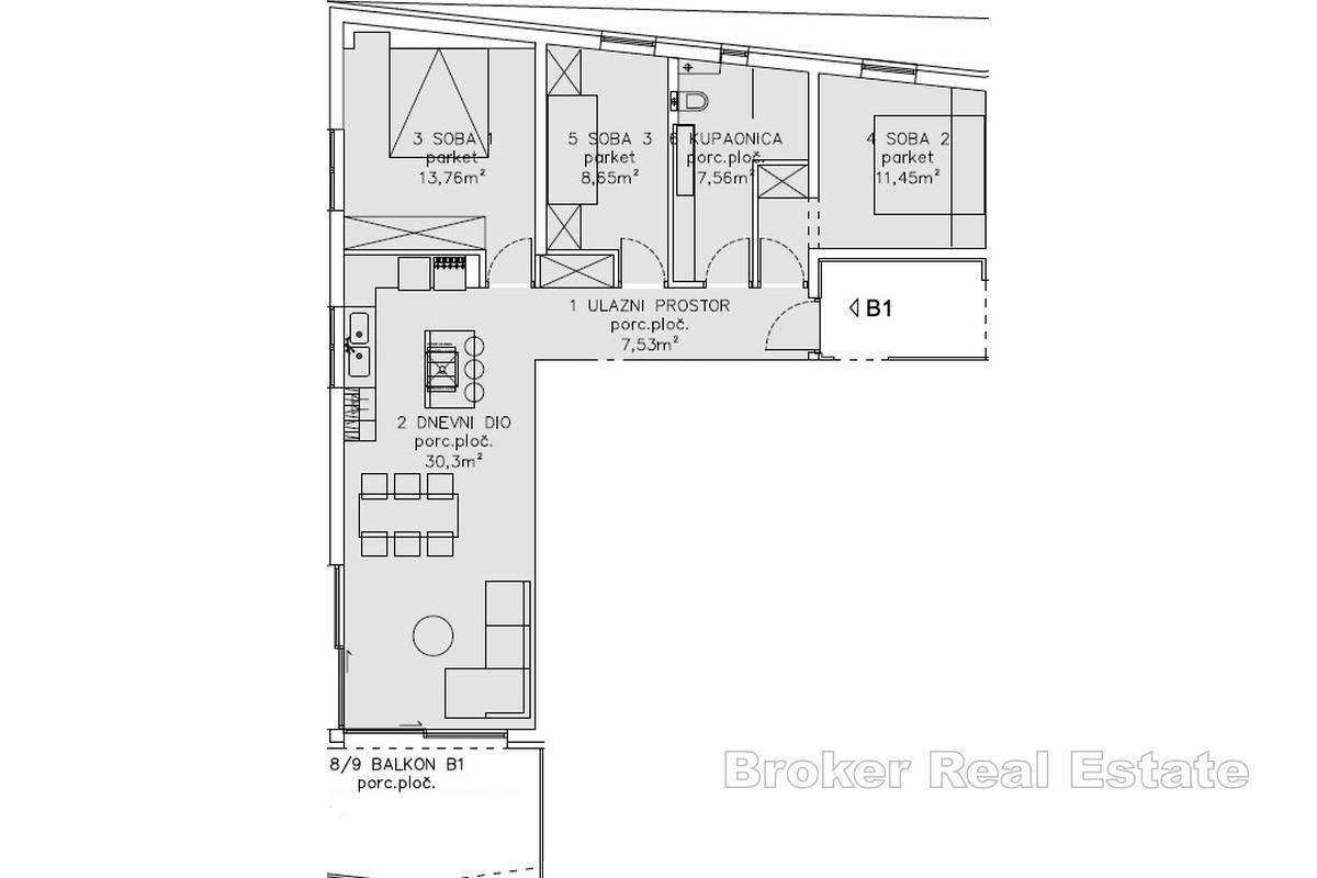 Appartement spacieux de trois chambres dans un immeuble neuf